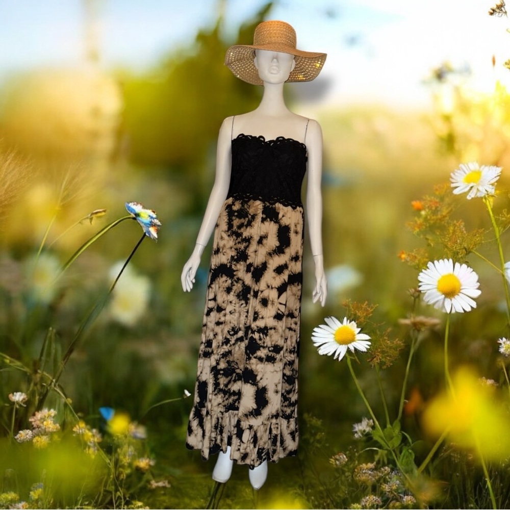 Anthropologie Black and Tan Faded Rose Strapless Maxi Dress - Picture 8 of 16